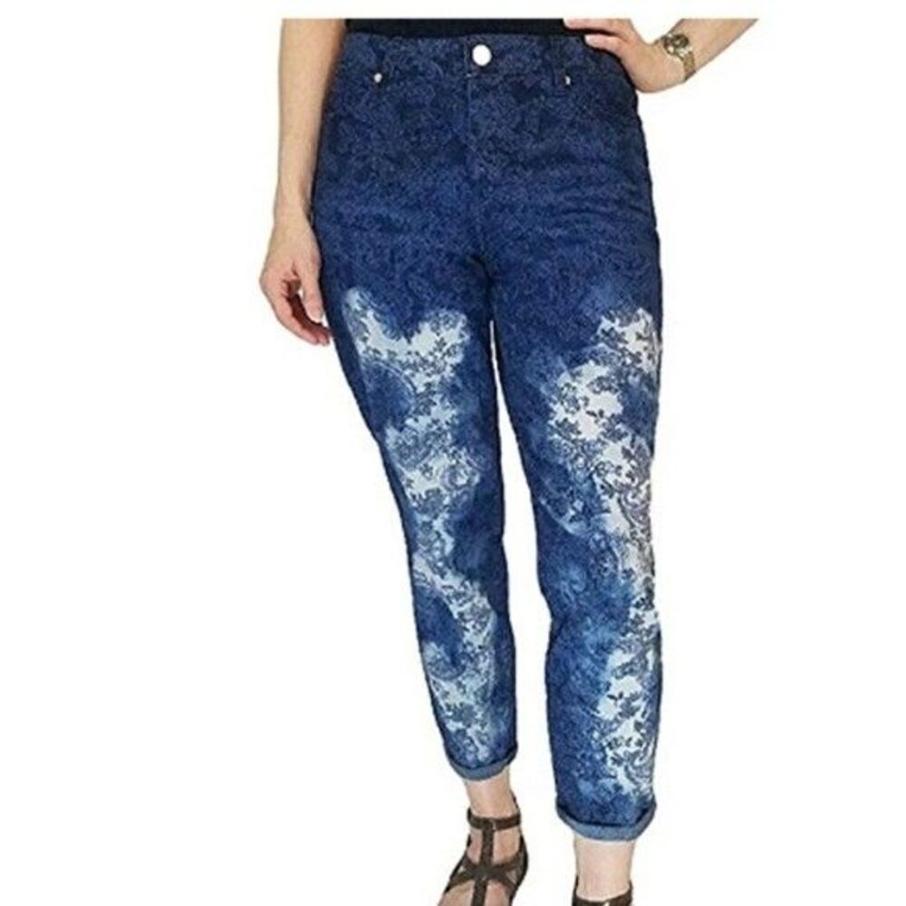 Bandolino Lisbeth Cropped Jeans Womens 8 Mid Rise Paisley Blue Denim